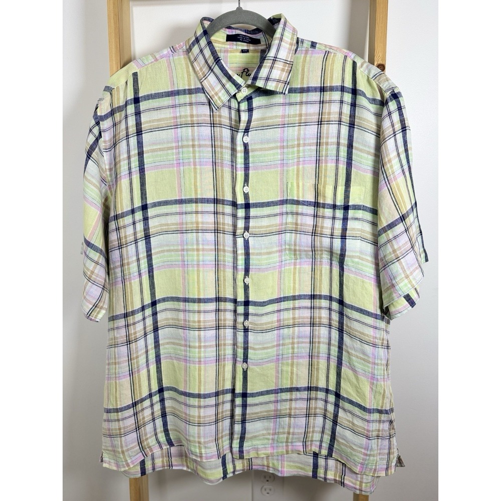 Alan‎ Flusser Mens Shirt XXL  100% Linen Button Up Plaid Short Sleeve  Easter B7